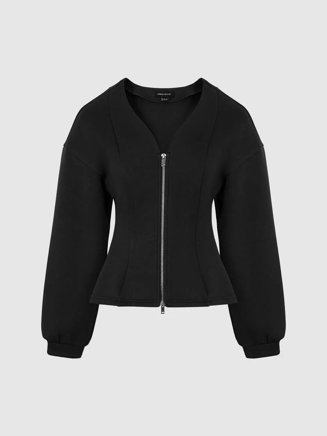V Neck Zip Front Fitted Waist Cropped Jacket
