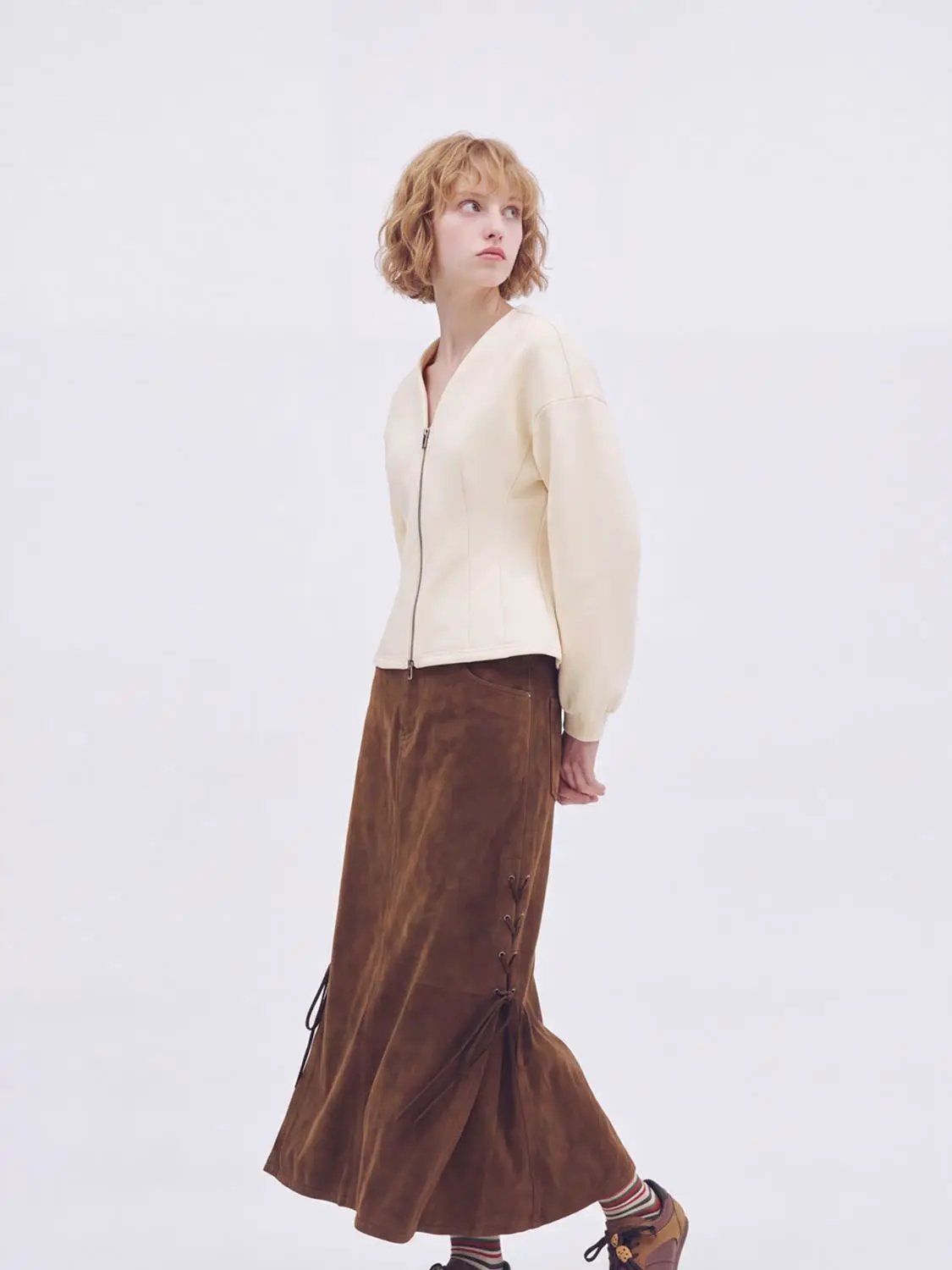 V Neck Zip Front Fitted Waist Cropped Jacket