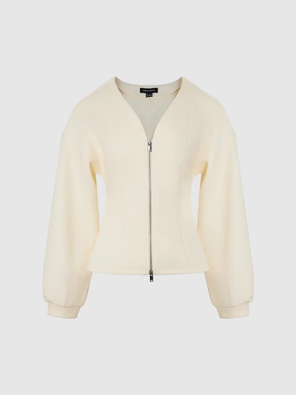 V Neck Zip Front Fitted Waist Cropped Jacket