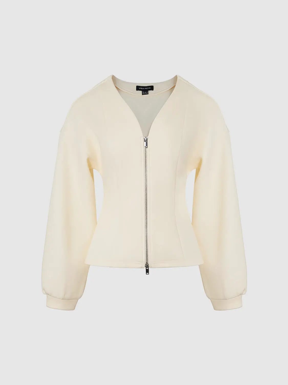V Neck Zip Front Fitted Waist Cropped Jacket