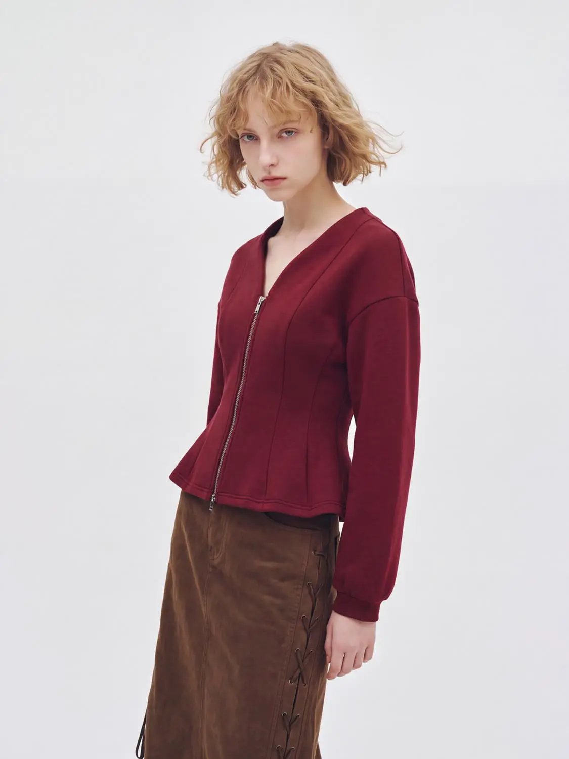 V Neck Zip Front Fitted Waist Cropped Jacket