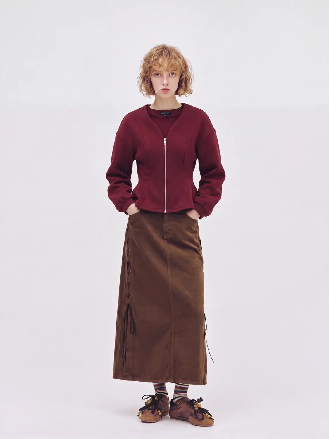 V Neck Zip Front Fitted Waist Cropped Jacket