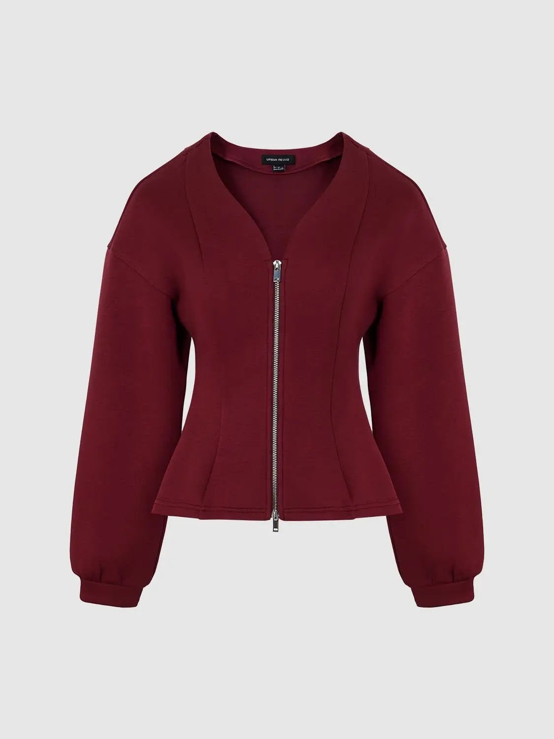V Neck Zip Front Fitted Waist Cropped Jacket
