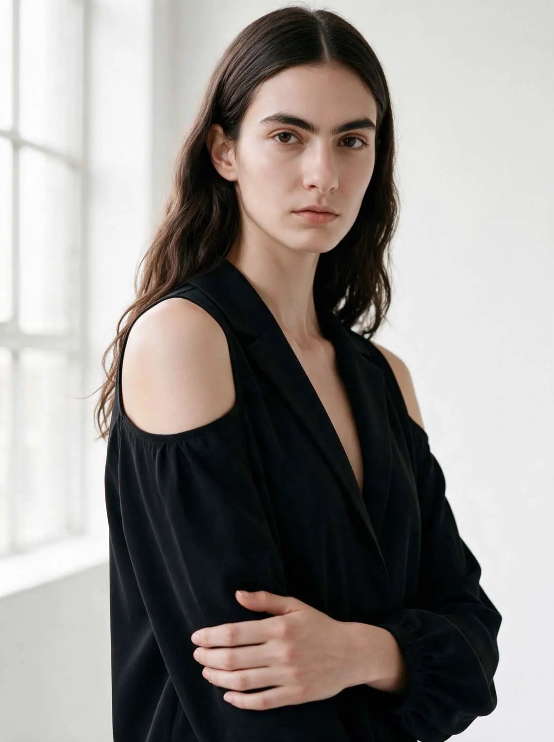 Lapel Cold Shoulder Puff Sleeve Thick Fabric Cropped Top