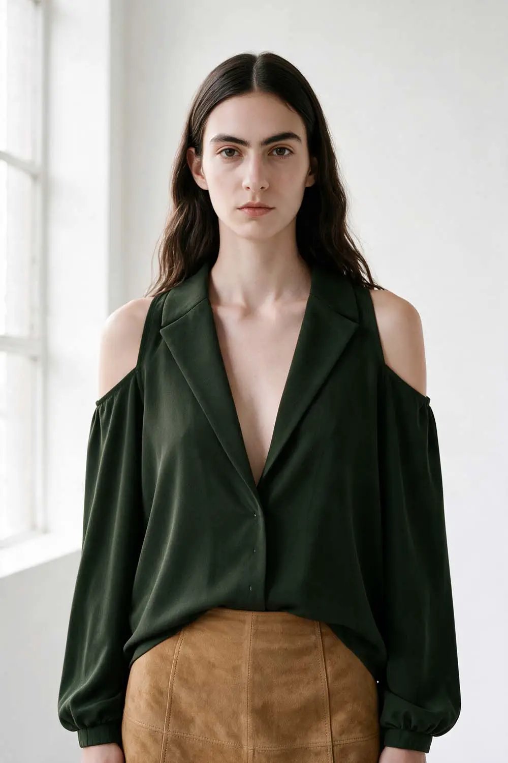 Lapel Cold Shoulder Puff Sleeve Thick Fabric Cropped Top