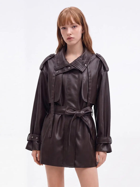 Funnel Neck Waist Belted Loose Fit Long Sleeve Trench Coat