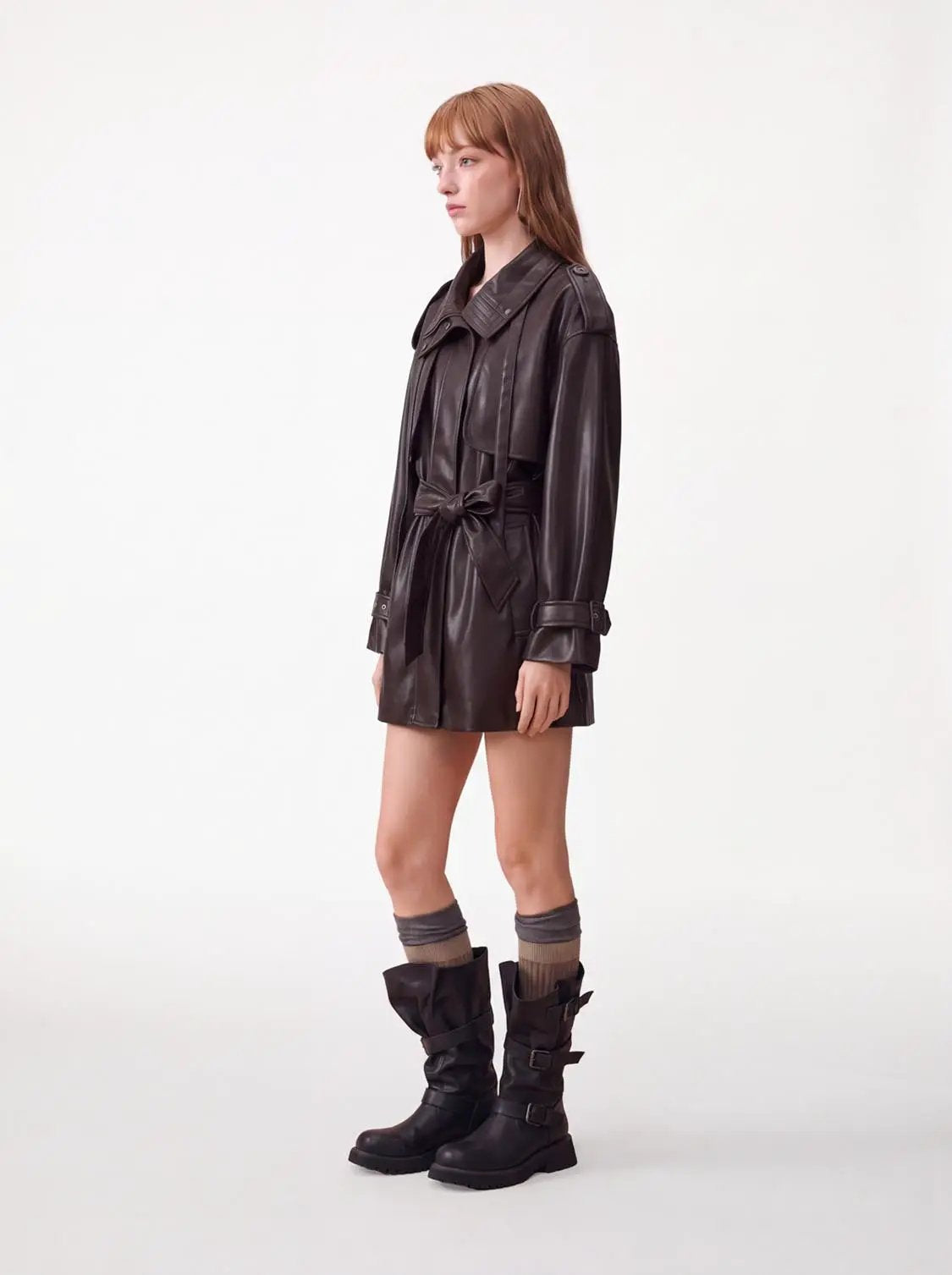 Funnel Neck Waist Belted Loose Fit Long Sleeve Trench Coat