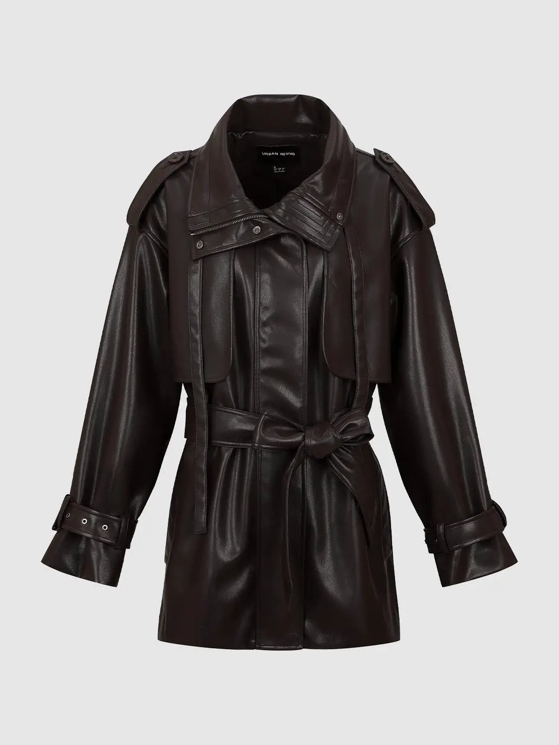 Funnel Neck Waist Belted Loose Fit Long Sleeve Trench Coat