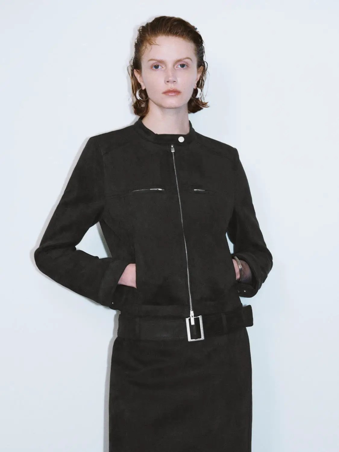 Zip Front Stand Collar Belted Long Sleeve Jacket