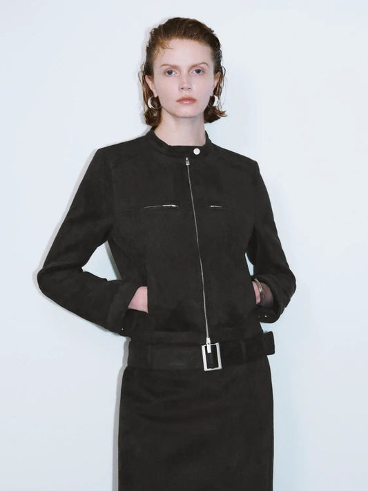 Zip Front Stand Collar Belted Long Sleeve Jacket