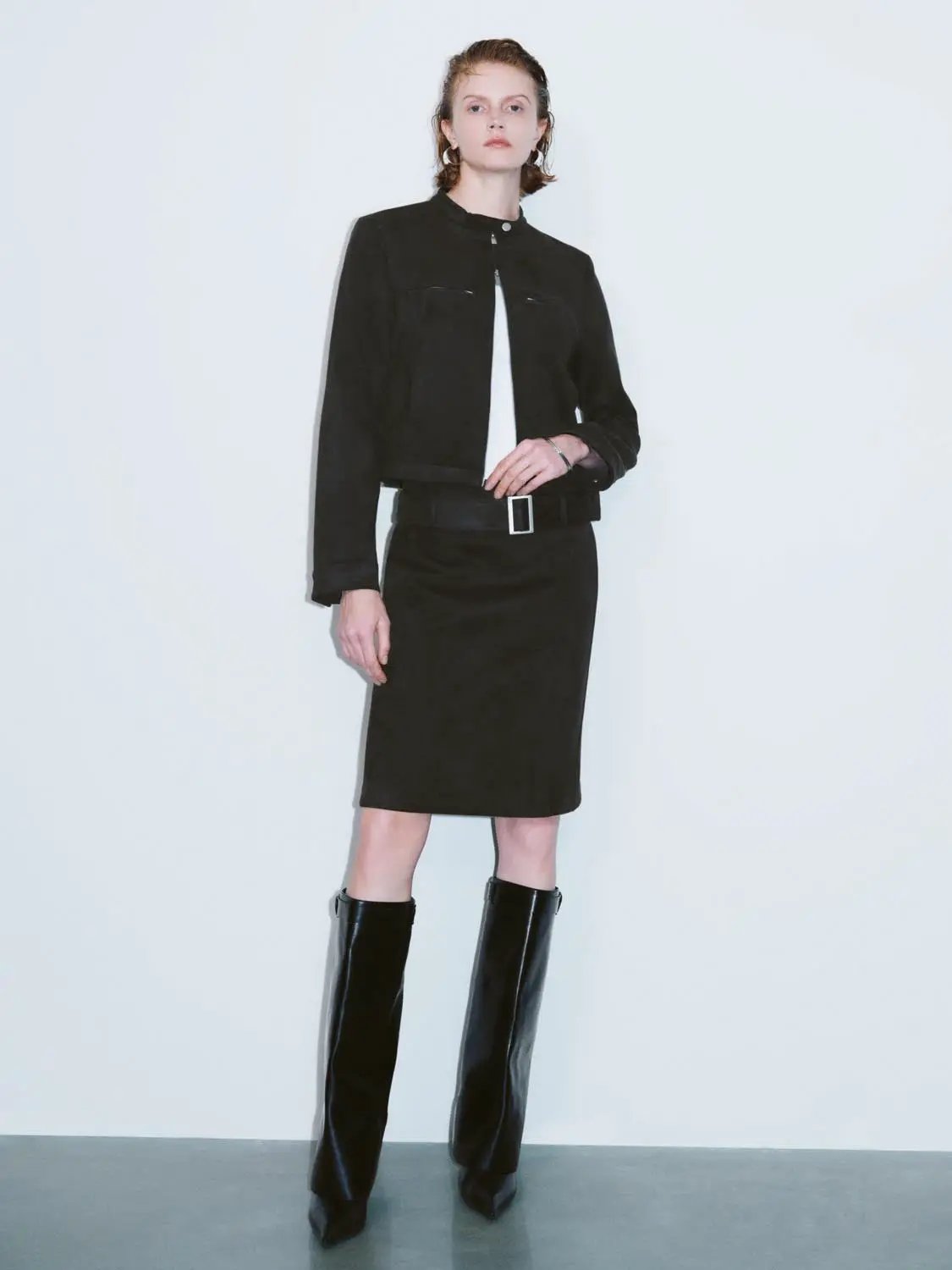 Zip Front Stand Collar Belted Long Sleeve Jacket