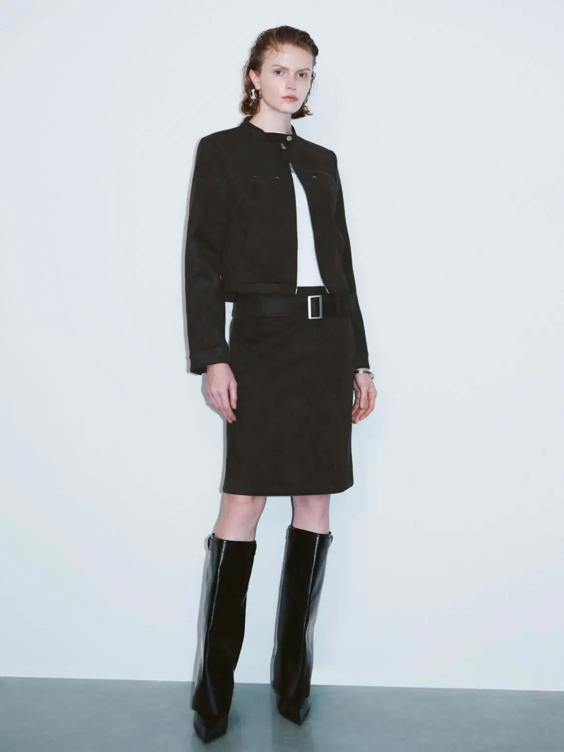 Zip Front Stand Collar Belted Long Sleeve Jacket