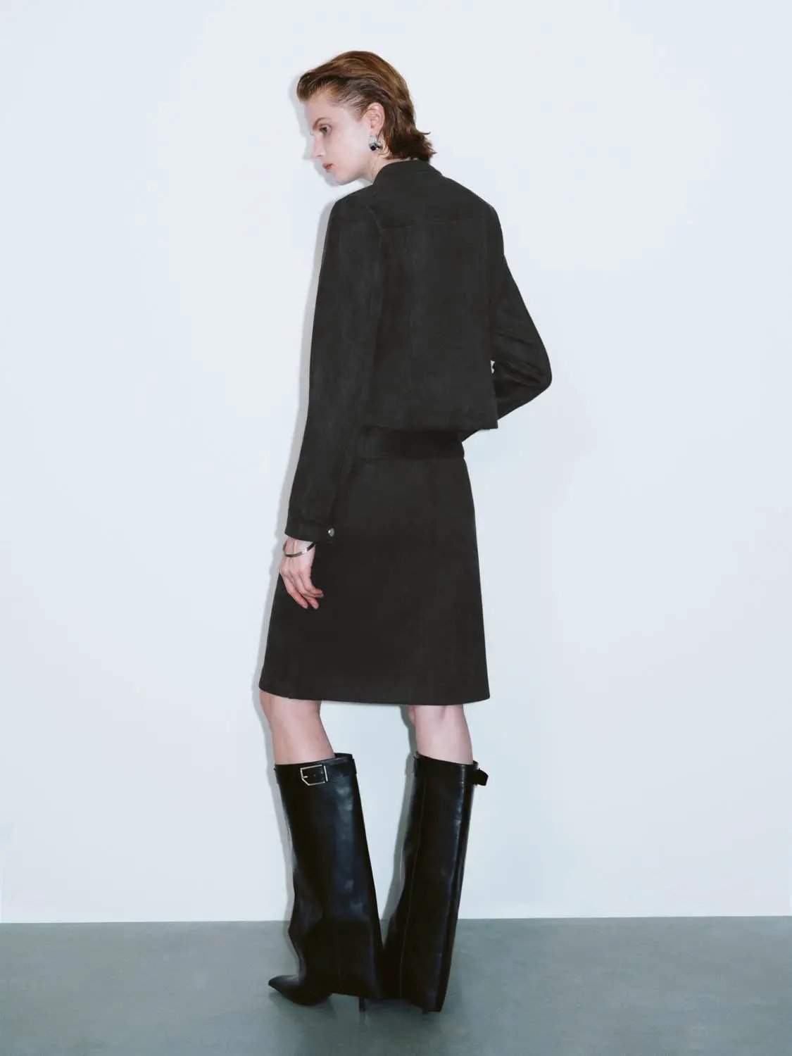 Zip Front Stand Collar Belted Long Sleeve Jacket