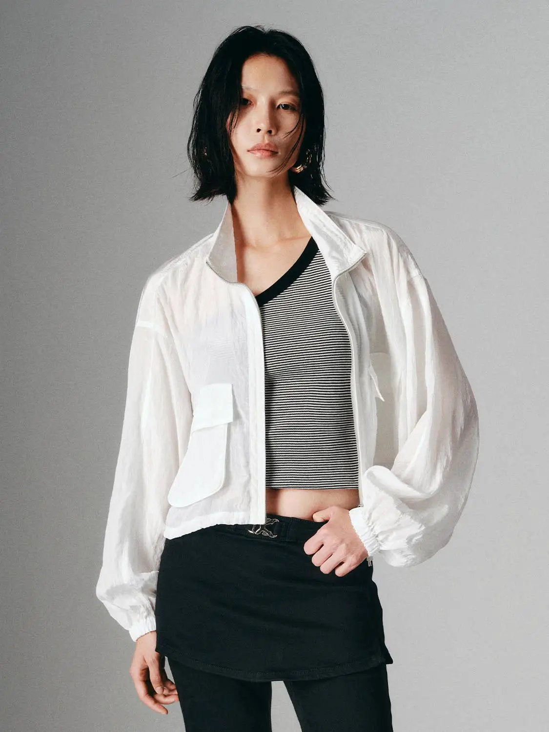 Textured Shirt Collar Patch Pocket Long Sleeve Jacket