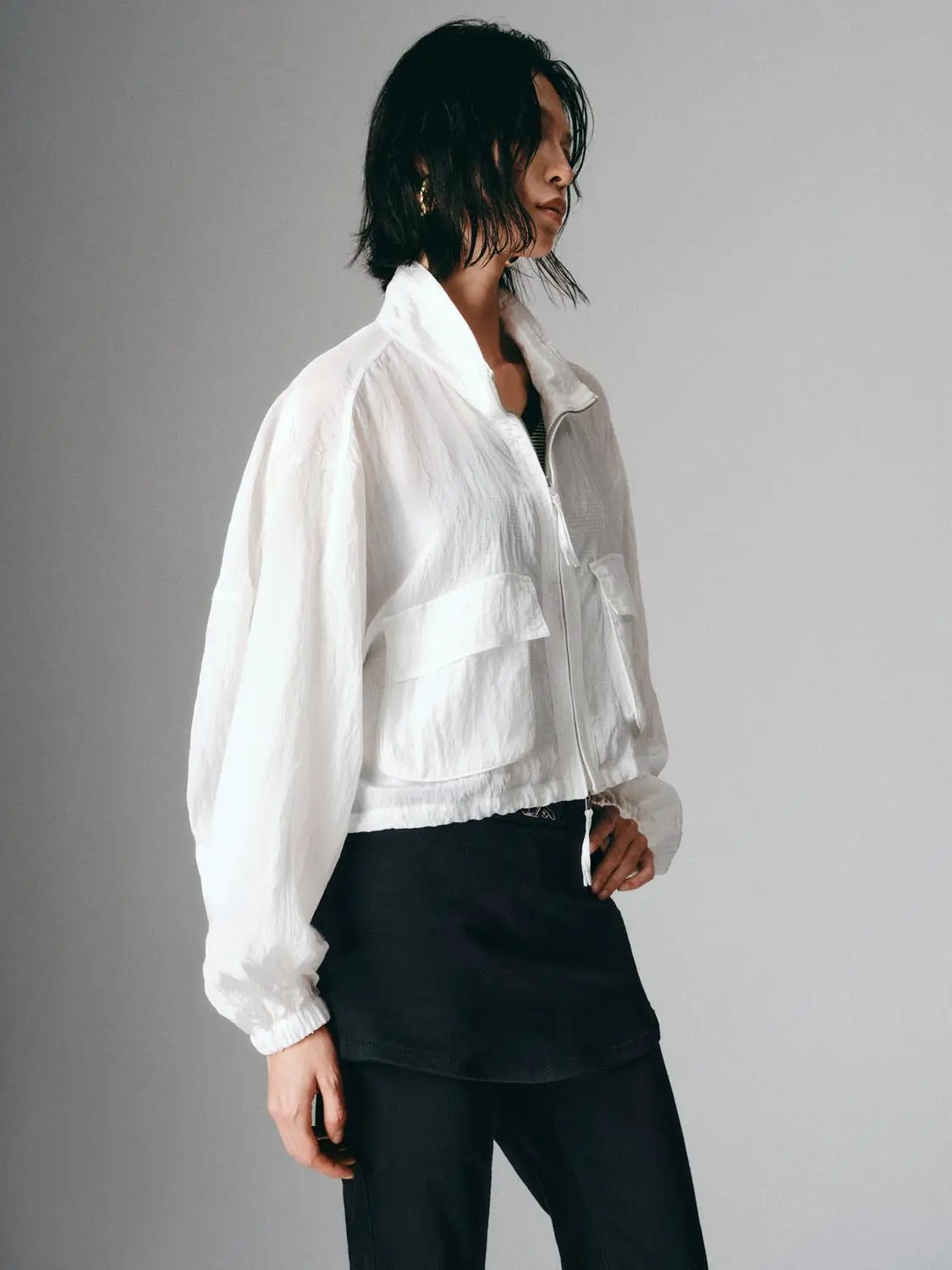 Textured Shirt Collar Patch Pocket Long Sleeve Jacket