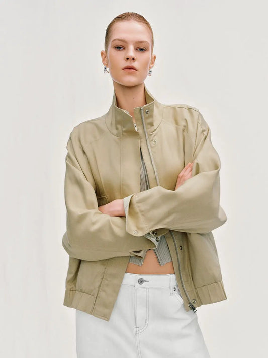 Zip Front Oversized Stand Collar Long Sleeve Jacket
