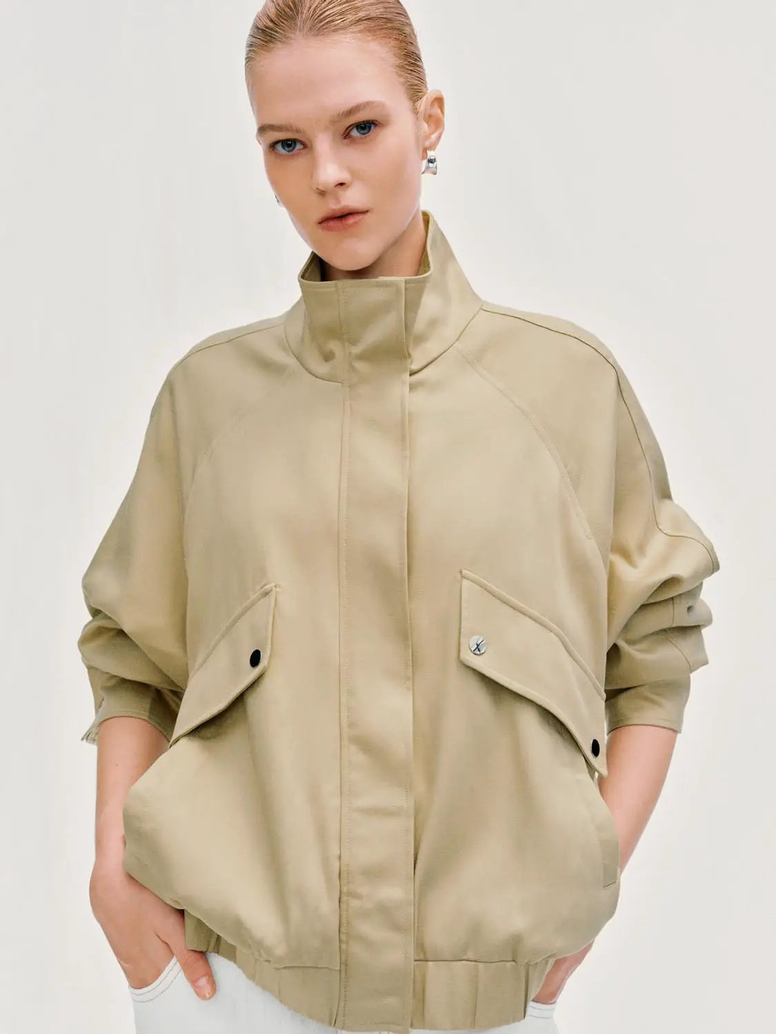 Zip Front Oversized Stand Collar Long Sleeve Jacket