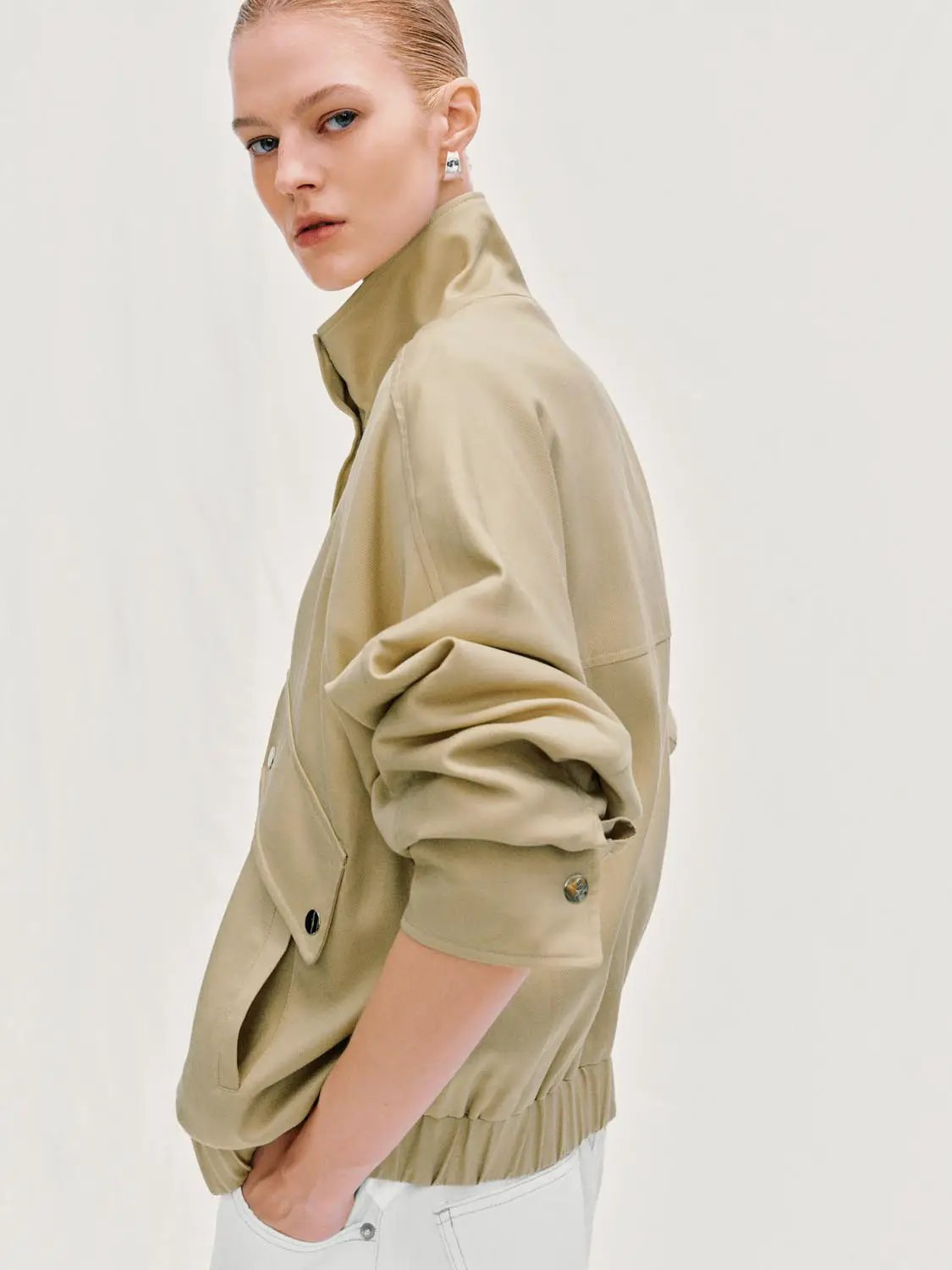 Zip Front Oversized Stand Collar Long Sleeve Jacket