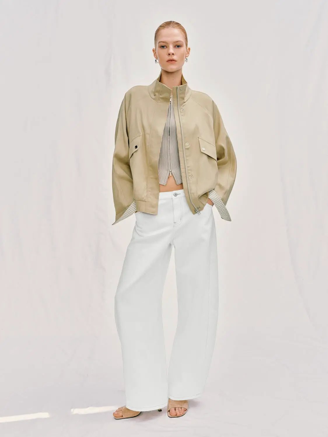 Zip Front Oversized Stand Collar Long Sleeve Jacket