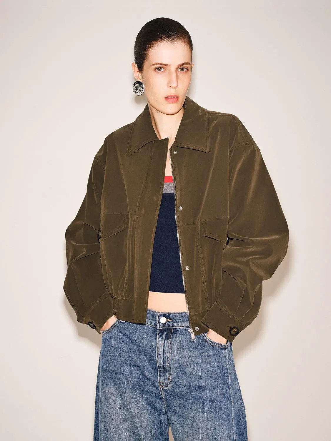 Olive Oversized Shirt Collar Front Zipper Jacket