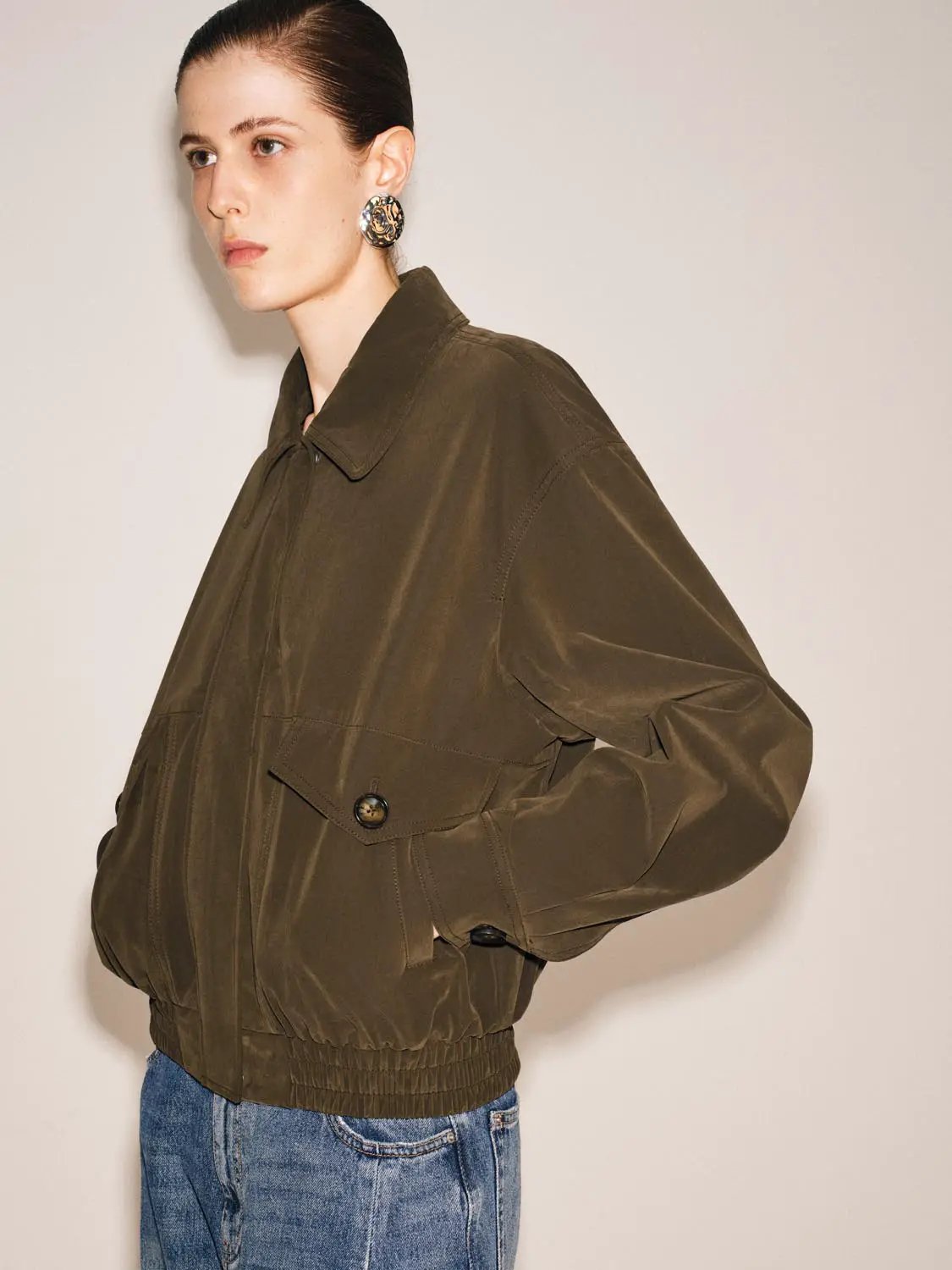 Olive Oversized Shirt Collar Front Zipper Jacket