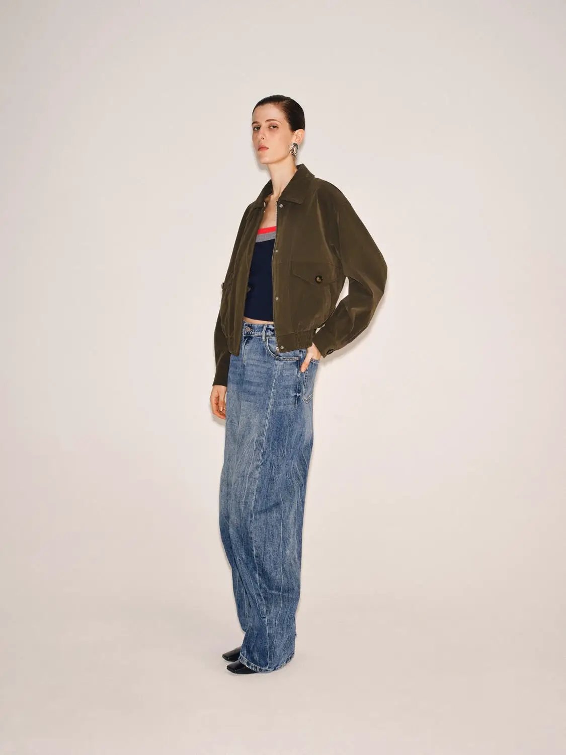 Olive Oversized Shirt Collar Front Zipper Jacket