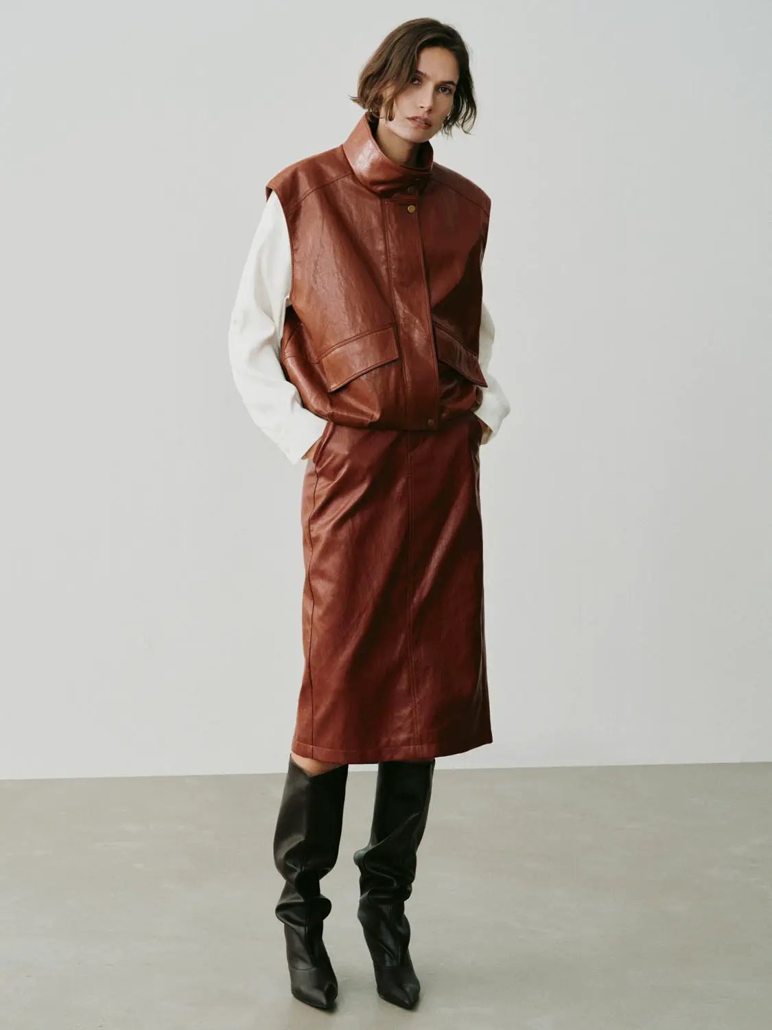 Snap Button Stand Collar Sleeveless Faux Leather Vest
