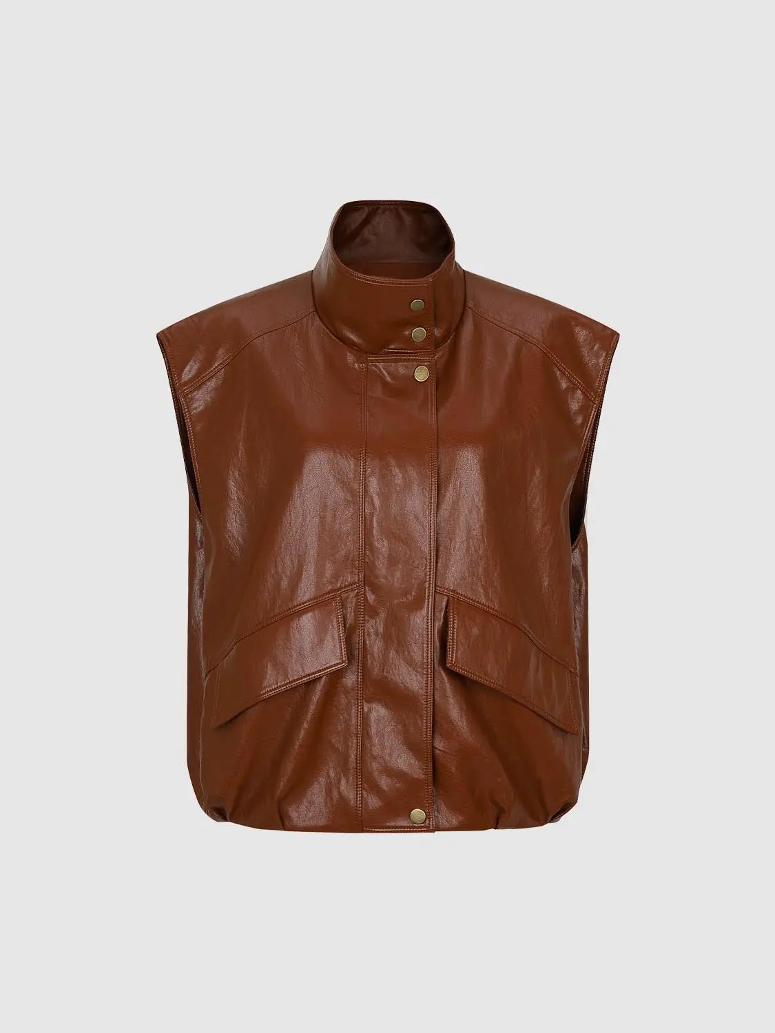Snap Button Stand Collar Sleeveless Faux Leather Vest