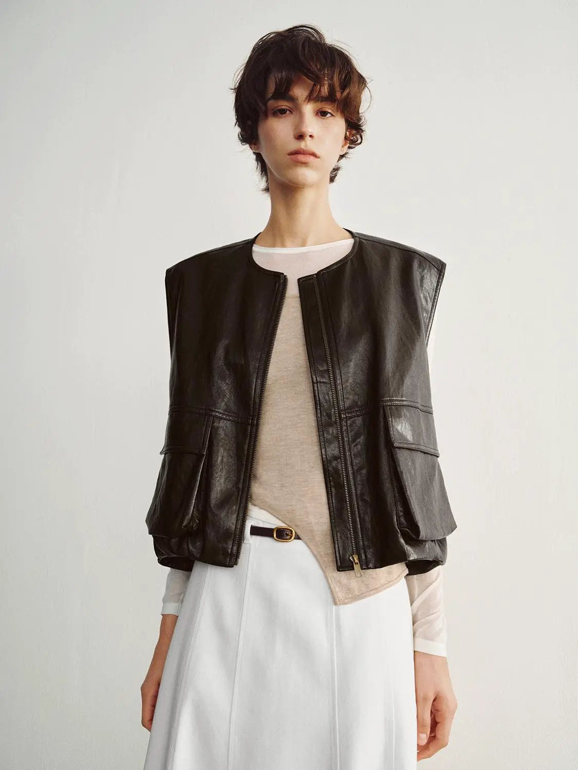 Coated Zip Front Panelled Crew Neck Sleeveless Vest
