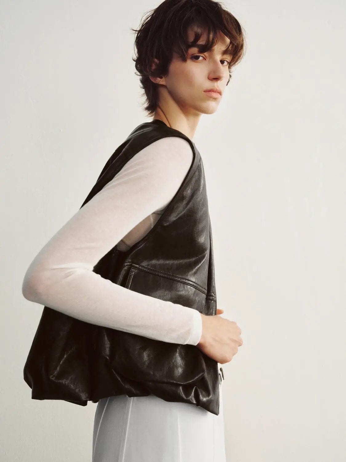 Coated Zip Front Panelled Crew Neck Sleeveless Vest