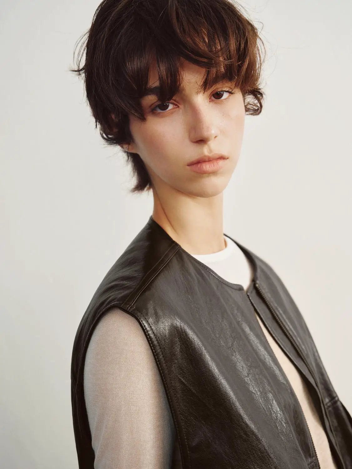 Coated Zip Front Panelled Crew Neck Sleeveless Vest