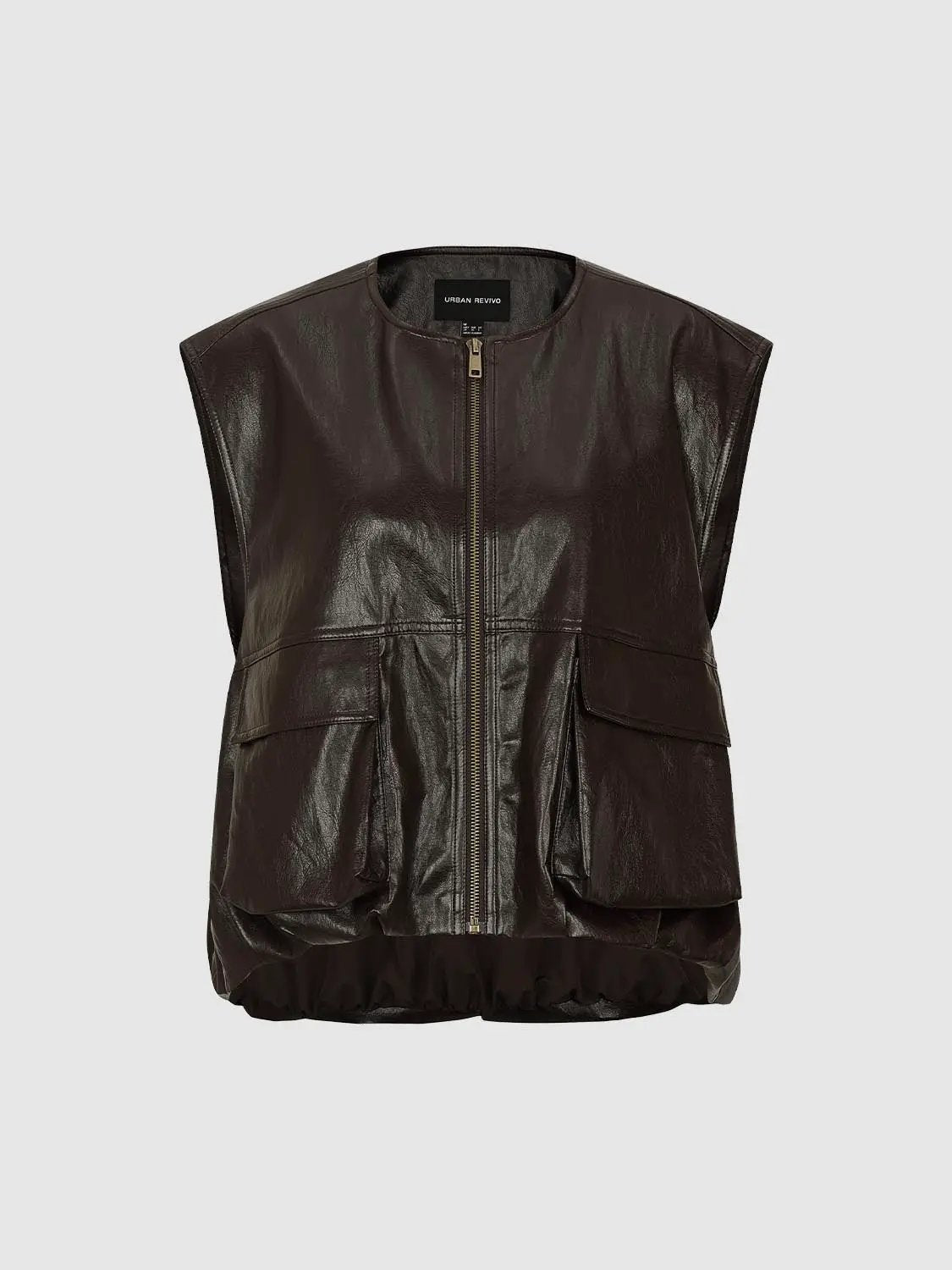 Coated Zip Front Panelled Crew Neck Sleeveless Vest