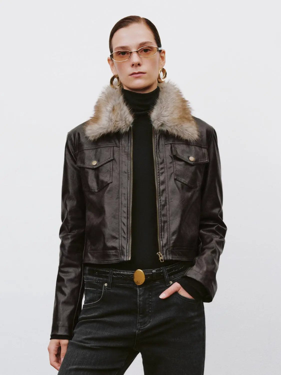 Cropped Faux Fur Collar Zip Front Long Sleeve Jacket