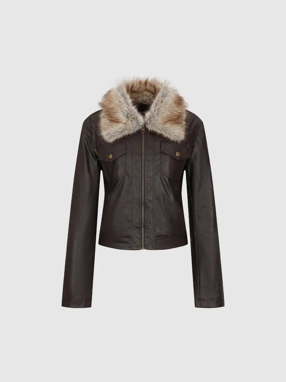 Cropped Faux Fur Collar Zip Front Long Sleeve Jacket
