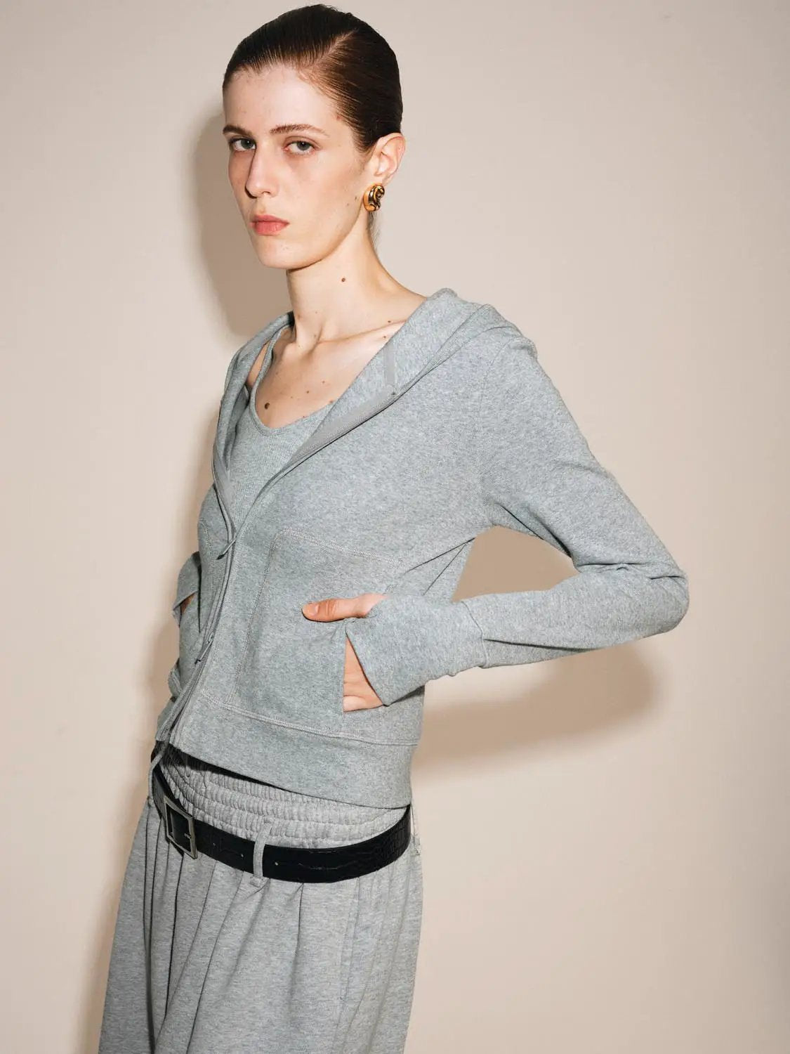 Long Sleeve Hooded Zip-Up Cotton Blend Hoodie