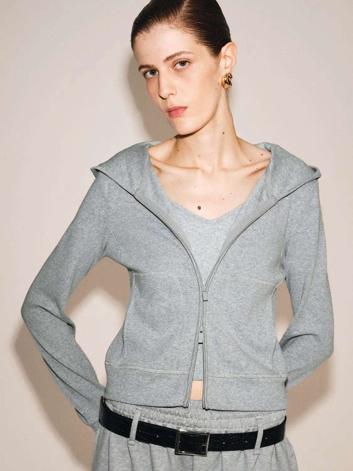 Long Sleeve Hooded Zip-Up Cotton Blend Hoodie