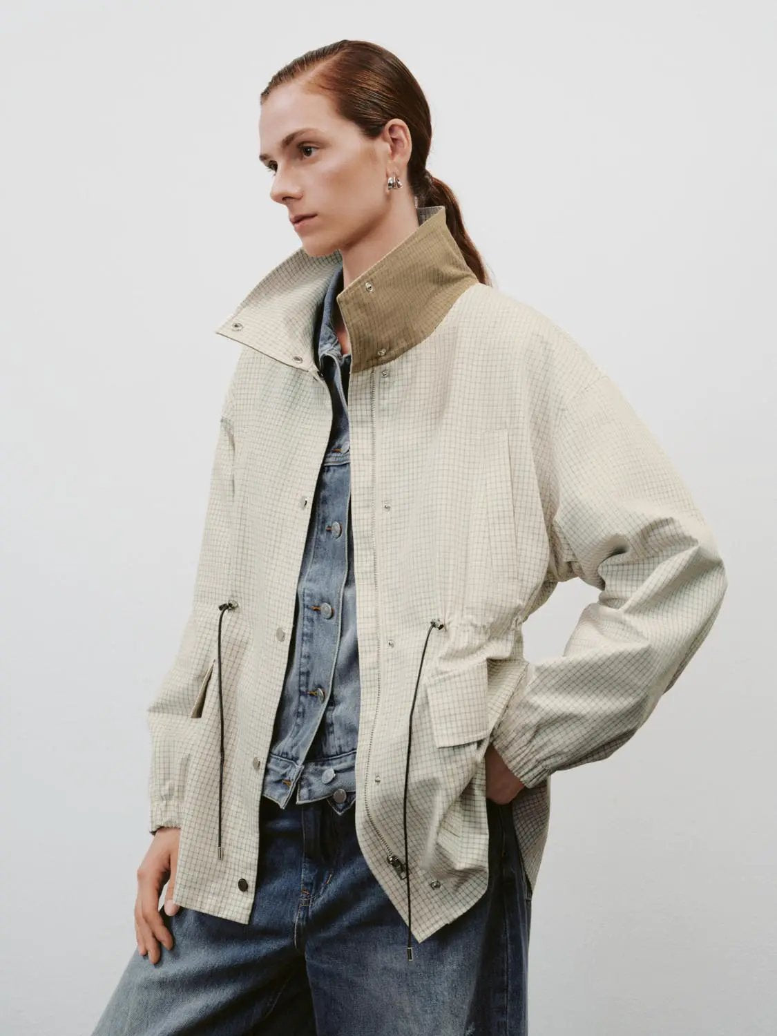 Checked Long Sleeve Cotton Blend Trench Coat