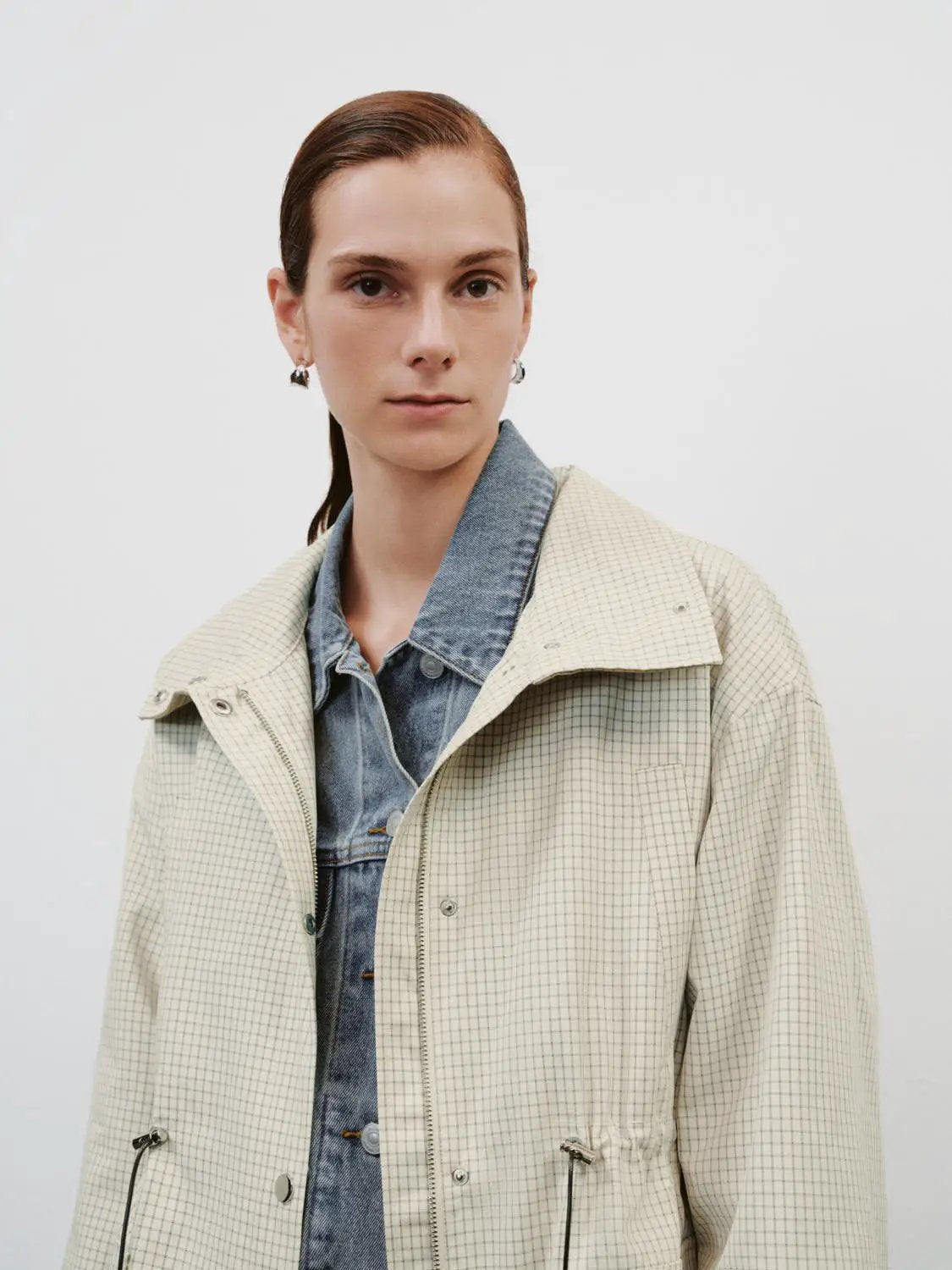 Checked Long Sleeve Cotton Blend Trench Coat