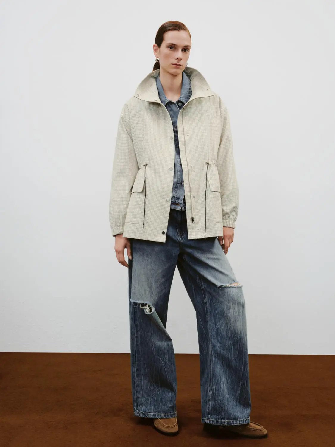 Checked Long Sleeve Cotton Blend Trench Coat