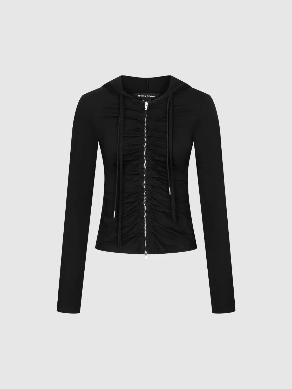Ruched Front Full Zip Long Sleeve Cotton Blend Jacket