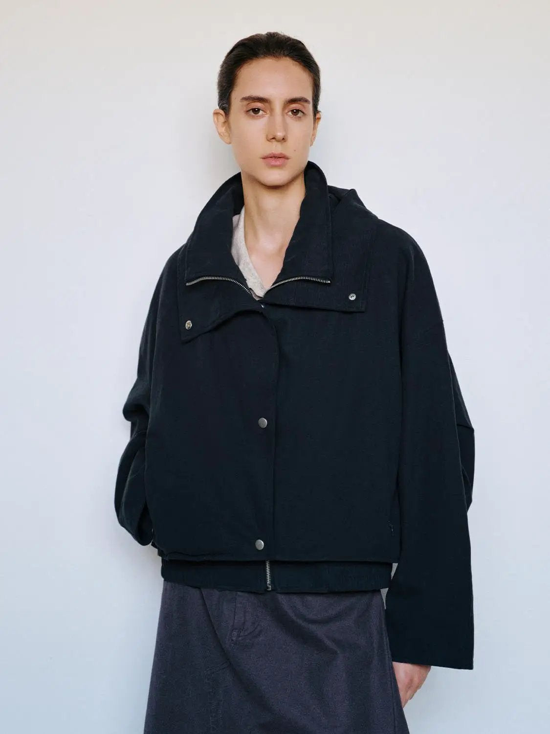 Zip Front Draped Collar Long Sleeve Cotton Jacket