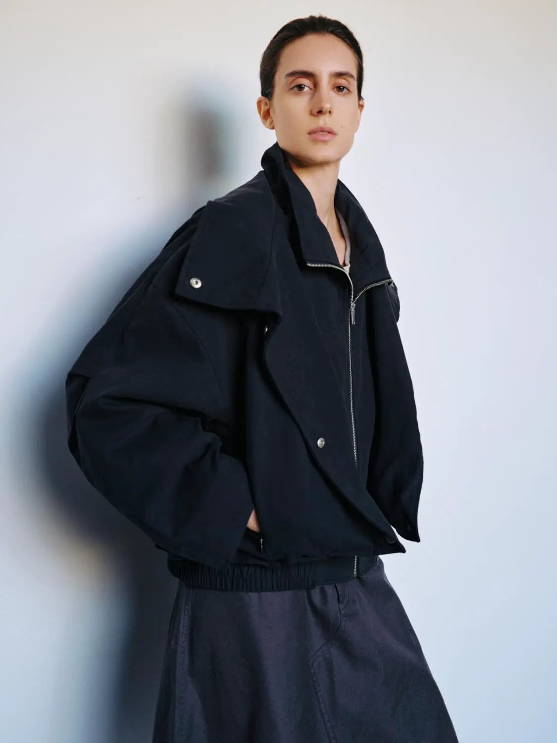 Zip Front Draped Collar Long Sleeve Cotton Jacket