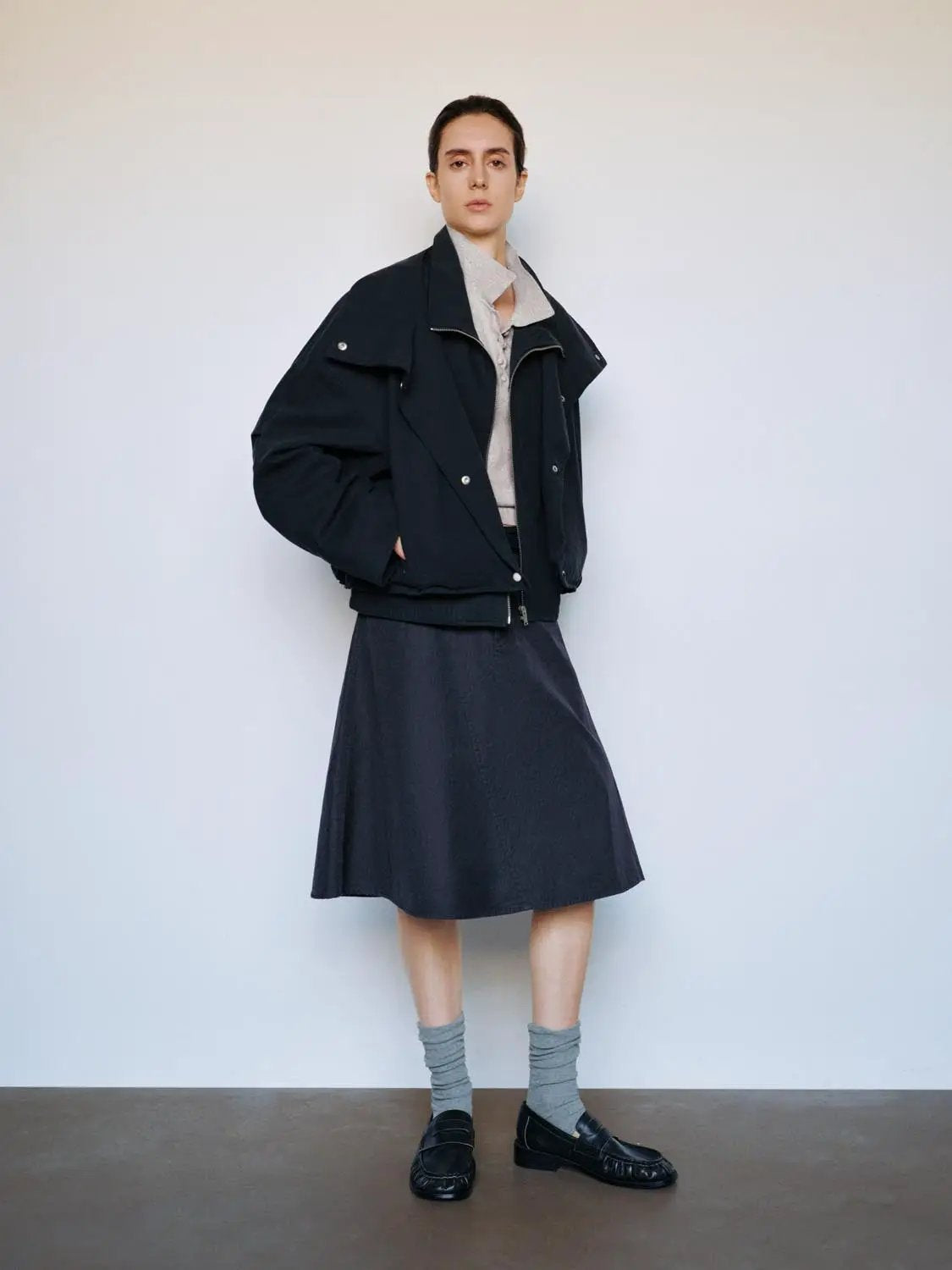 Zip Front Draped Collar Long Sleeve Cotton Jacket