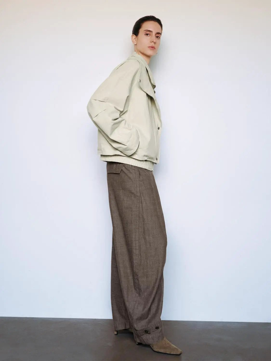 Zip Front Draped Collar Long Sleeve Cotton Jacket