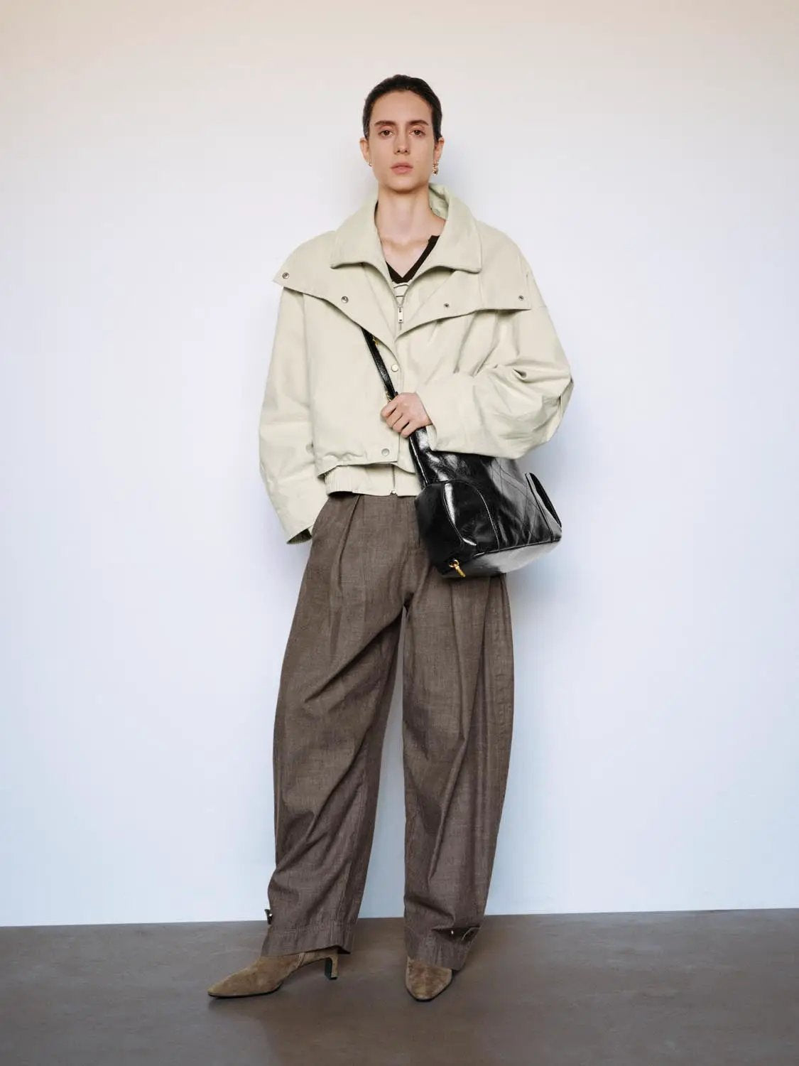Zip Front Draped Collar Long Sleeve Cotton Jacket