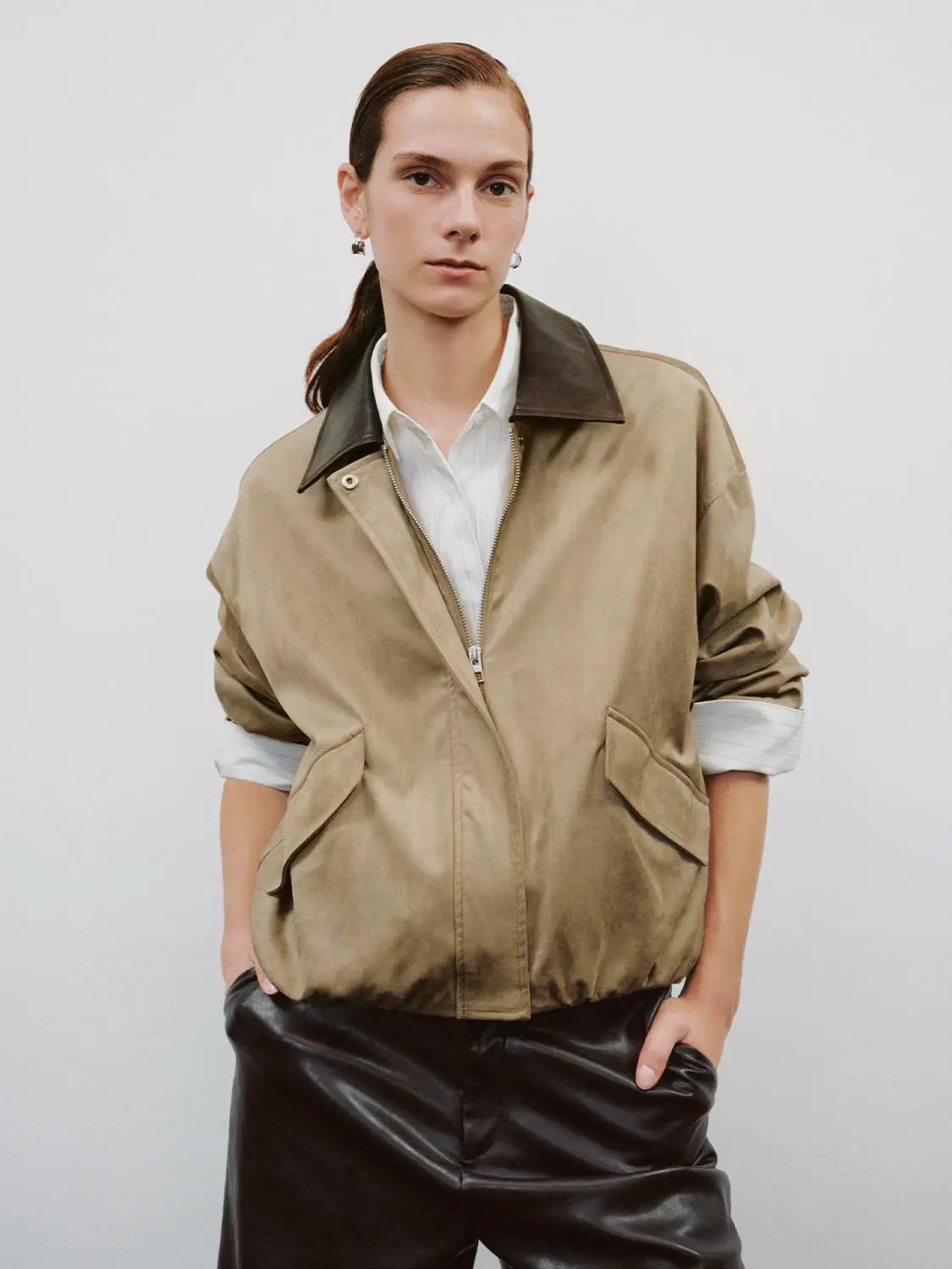 Contrast Collar Boxy Long Sleeve Side Pocket Jacket
