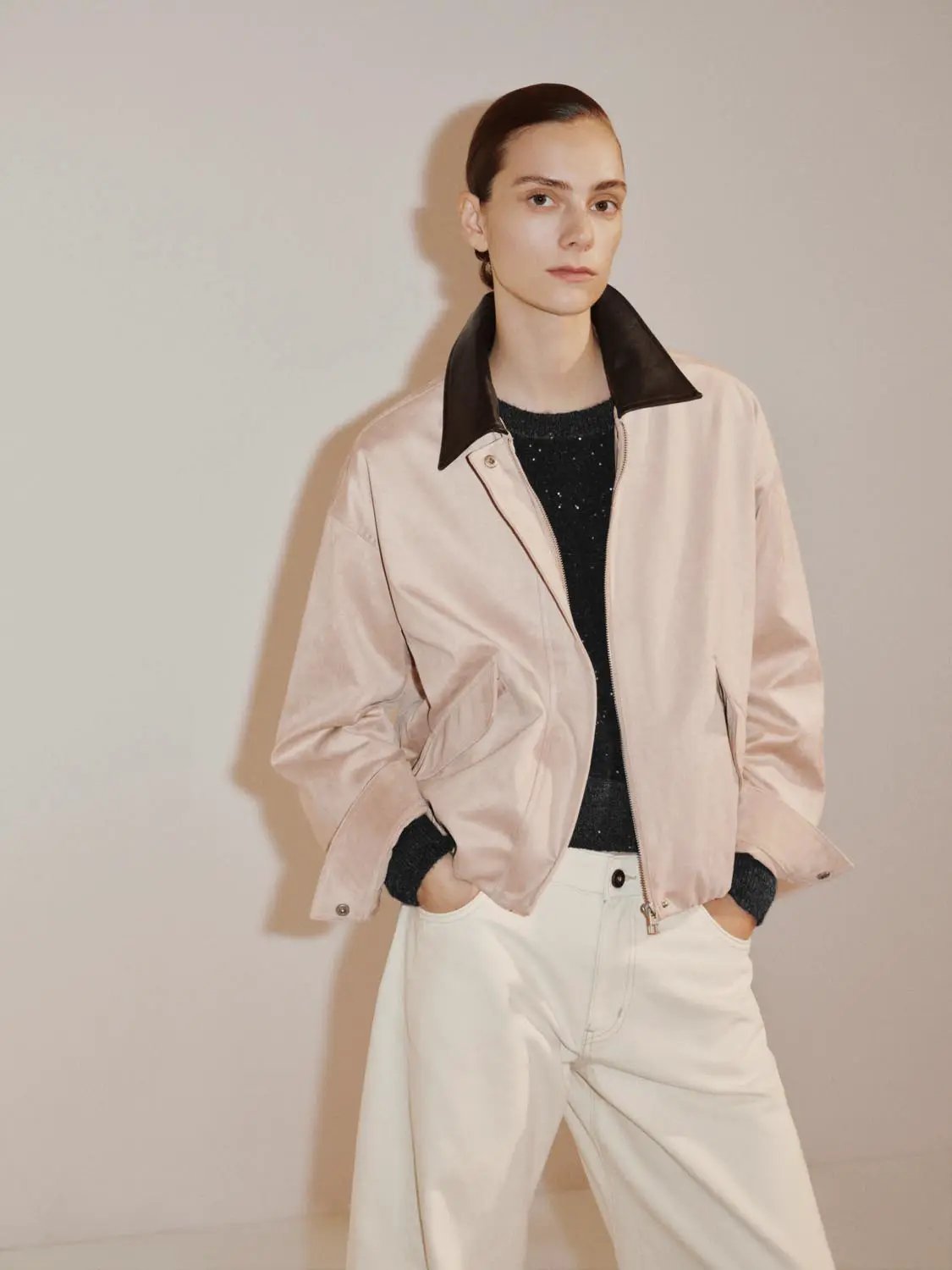 Contrast Collar Boxy Long Sleeve Side Pocket Jacket