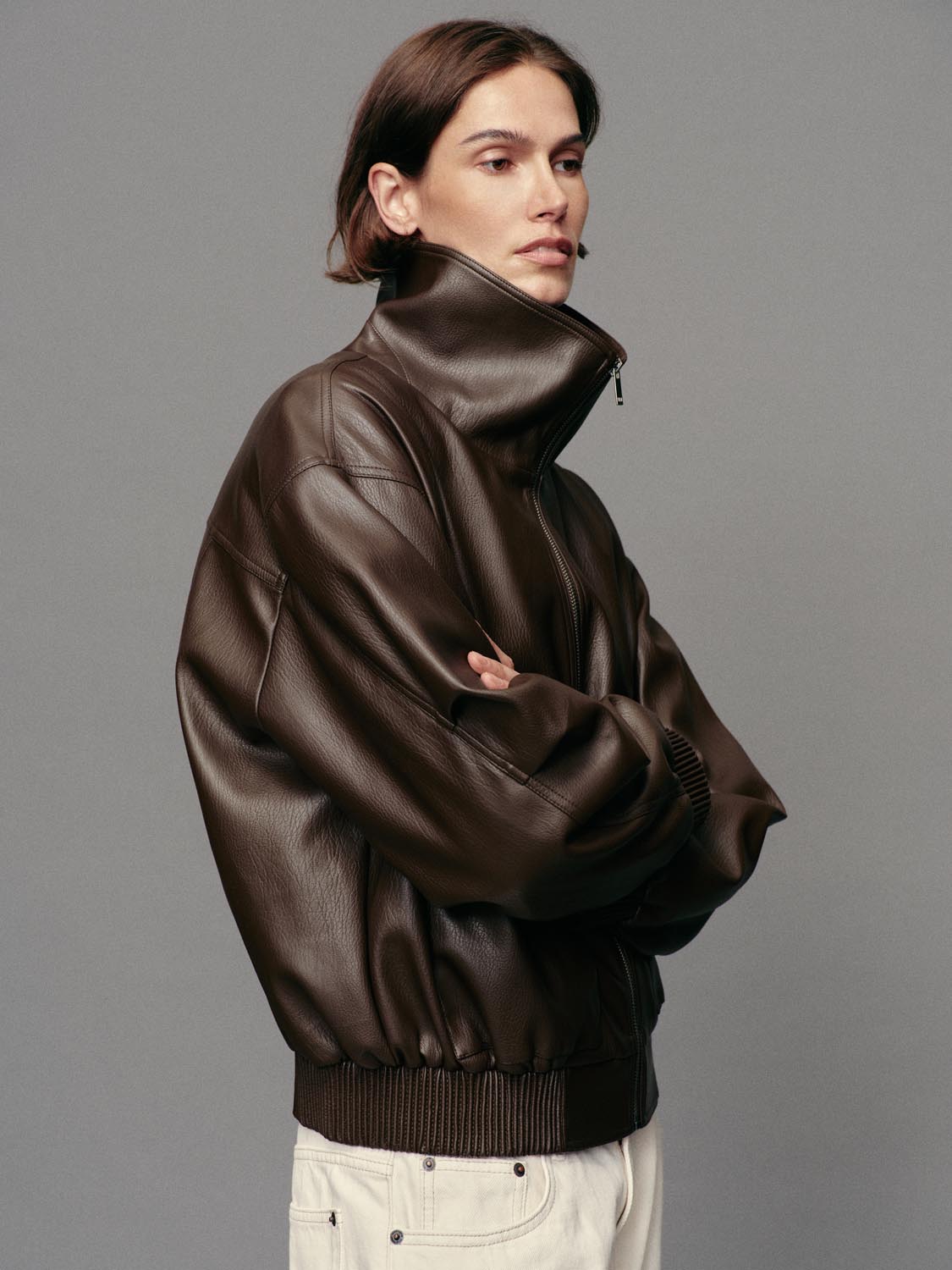 Zip Front Stand Collar Long Sleeve Bomber Jacket