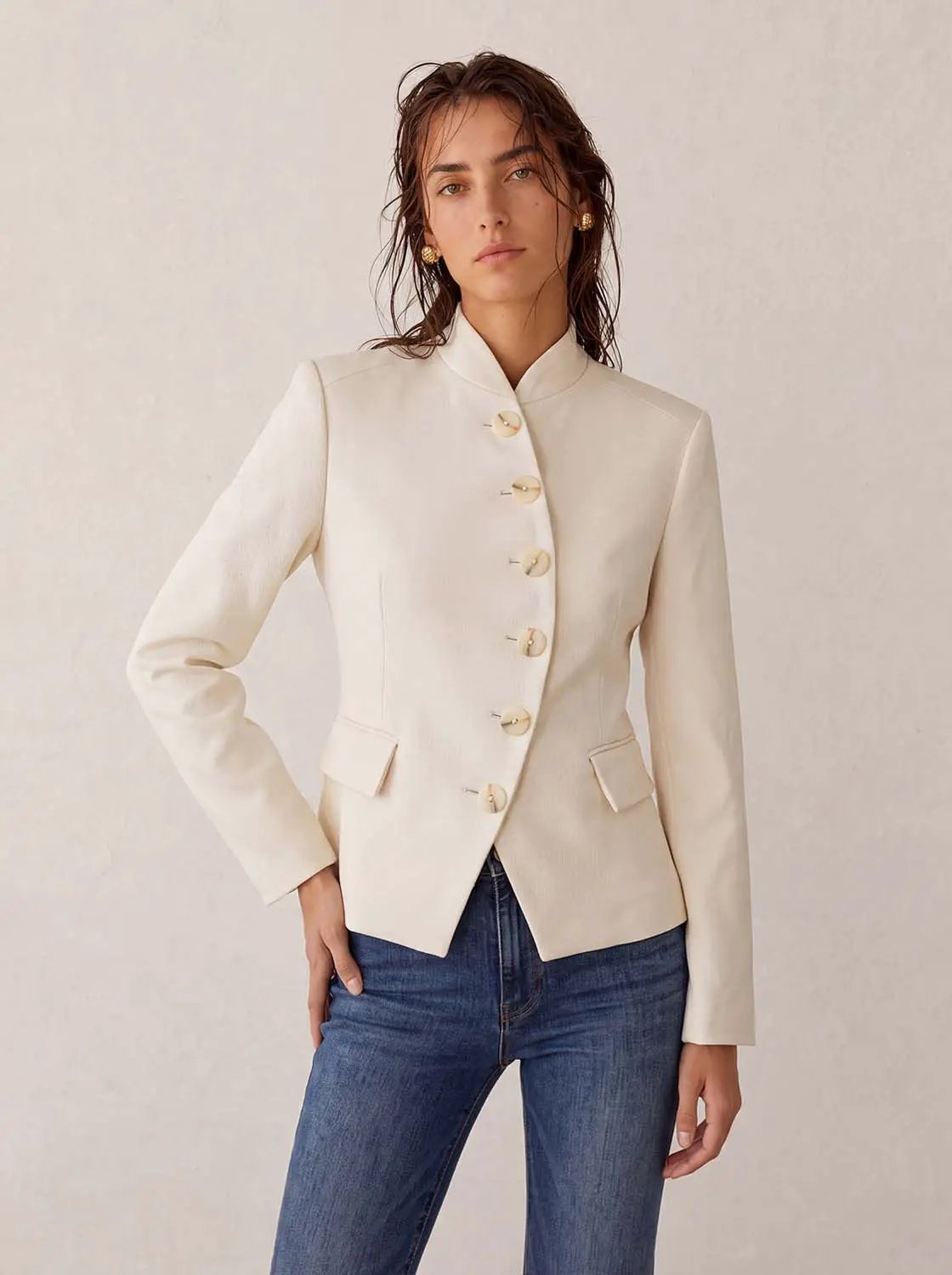 Button Front Tailored Mandarin Collar Long Sleeve Blazer