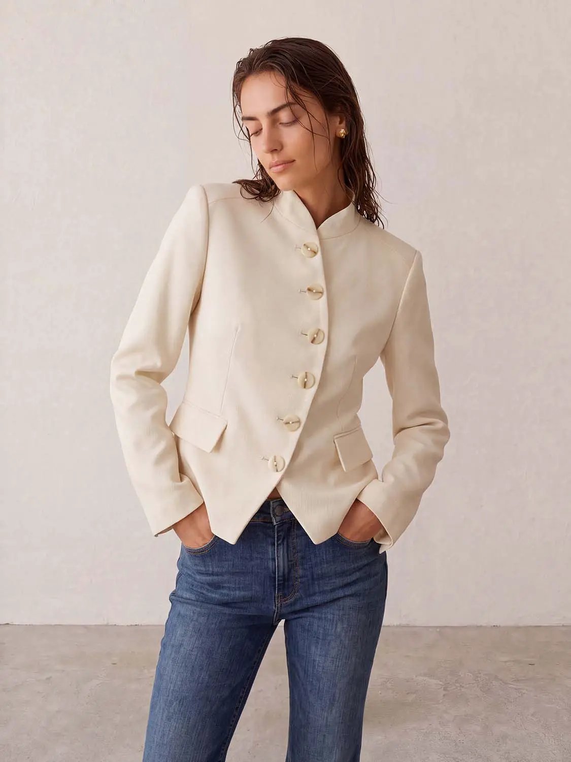 Button Front Tailored Mandarin Collar Long Sleeve Blazer